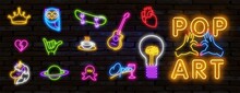 Big Set Of Pop Art Neon Light Sign. Bright Signboard, Light Banner. Vector Illustration Pop Art Icons Set. Pop Art Neon Sign.