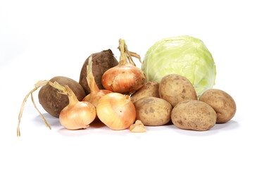 Pile of fresh and raw vegetable on a white background