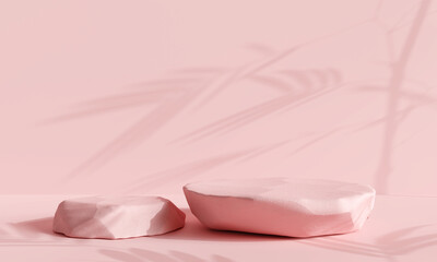 Fototapete - Stone product display podium with shadow nature leaves on pink background. 3D rendering