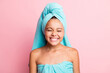 © deagreez - Portrait of cute cheerful small girl wear turquoise bath clothes closed eyes isolated on pastel pink color background
