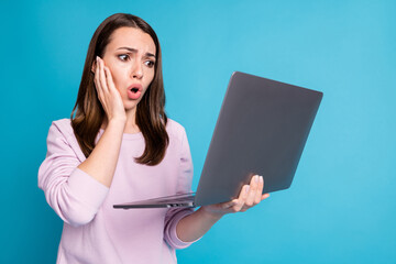 Canvas Print - Oh no. Photo of sad shocked student lady hold notebook modern technology user read teacher email failed session exams bad grades wear casual purple sweatshirt isolated blue color background