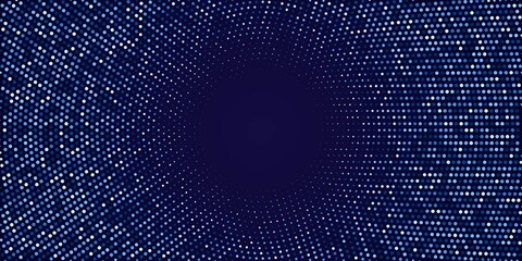Poster - Abstract halftone circular background. Blue dot pattern on dark background. Bright vintage wallpaper vector illustration. Shining vibrant retro glow. Modern 3d art design