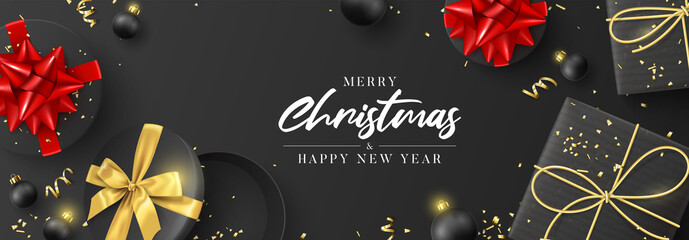 Wall Mural - Merry Christmas and Happy New Year banner. Holiday background with gift boxes, Christmas balls, golden serpentine and confetti on black background. Vector illustration.