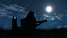 A Girl With Her Dog Sitting On The Grass Floor Outdoor Under Moonlight View From Front 3d Rendering