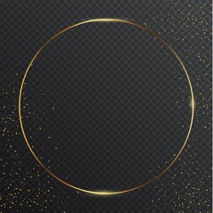 Wall Mural - Thin round golden geometric border and confetti on dark transparent background. Glossy circle banner with copyspace. Vector elegant colorful wallpaper design