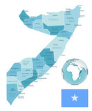 Fototapeta  - Somalia administrative blue-green map with country flag and location on a globe.