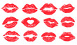 Female lips lipstick kiss print set for valentine day and love illustration. Collection of Lips marks with grunge effect. Vector illustration.