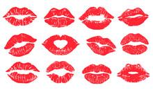 Female Lips Lipstick Kiss Print Set For Valentine Day And Love Illustration. Collection Of Lips Marks With Grunge Effect. Vector Illustration.