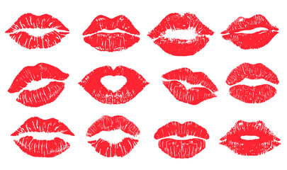 Female lips lipstick kiss print set for valentine day and love illustration. Collection of Lips marks with grunge effect. Vector illustration.