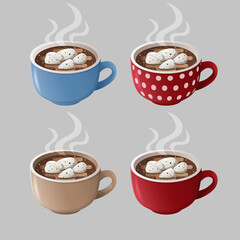 Isolated cocoa cups on a white background. Colorful cups with hot chocolate and marshmallows.