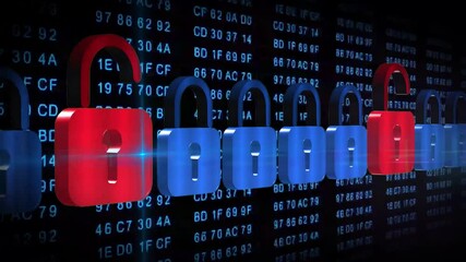Poster - Abstract security concept - moved series of padlocks in front of a black background with permanently changing hexadecimal code numbers in blue color - cyber internet technology and protection
