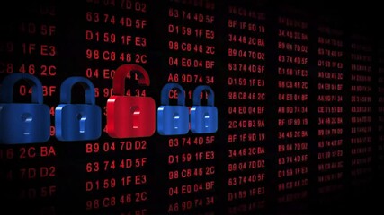 Poster - Abstract security concept - moved series of padlocks in front of a black background with permanently changing hexadecimal code numbers in red color - cyber internet technology and protection