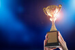 Business hands holding trophy cup on blue background. Selective focus