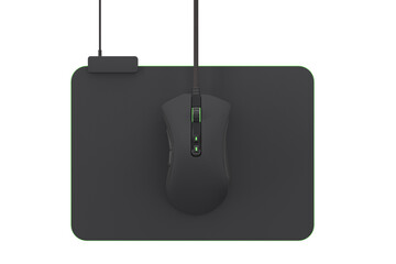 Modern gaming mouse on professional pad on white background with clipping path.