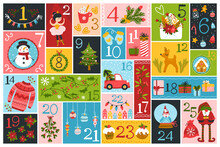 Christmas Advent Calendar With Cute Characters And Festive Elements In Different Shapes, In A Childish Hand-drawn Scandinavian Style. Limited Palette Ideal For Printing