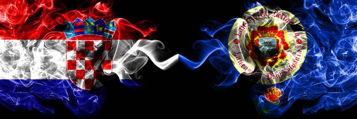 Croatia, Croatian vs United States of America, America, US, USA, American, Lancaster, Pennsylvania smoky mystic flags placed side by side. Thick colored silky abstract smoke flags.