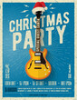 © paul_craft - Christmas party poster or flyer design template with electric guitar with red santa hat on blue background. Vector illustration.