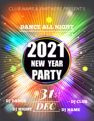 Wall Mural - Christmas Party Poster. Happy 2021 New Year Flyer. New Year party design multicolored bokeh lights backdrop.