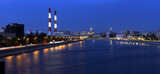 Fototapeta Nowy Jork - Luzhnetsky railway bridge over Moscow river, Russia. Evening. Car traces