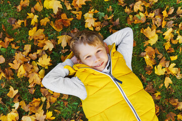 Wall Mural - a smiling boy enjoys the golden autumn colors