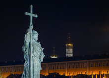 Moscow, Russia. Monument To Prince Vladimir The Great. Kremlin Wall And Ivan The Great Bell Tower In Background