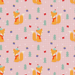 Wall Mural - Cute fox in Christmas theme seamless pattern