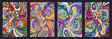 1960s Hippie Art Style Psychedelic Background, Colorful Abstract Pattern Set 