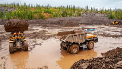 Wall Mural -     Dump truck and wheel loader in operation. Mining.
  A wheel loader loads mountain soil into the body of a dump truck.
