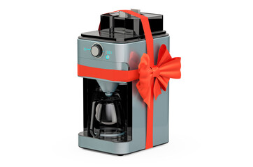 Poster - Modern Coffeemaker with ribbon and bow, gift concept. 3D rendering