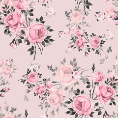   Abstract seamless pattern of beautiful roses with foliage and buds