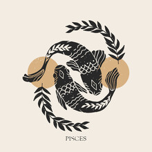 Zodiac Sign Pisces In Boho Style. Trendy Vector Illustration.
