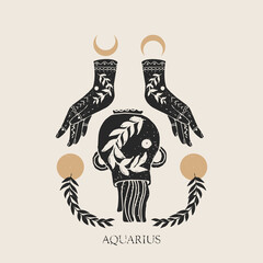 zodiac sign aquarius in boho style. trendy vector illustration.