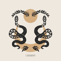 Wall Mural - Zodiac sign Gemini in boho style. Trendy vector illustration.