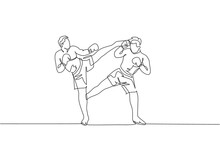 One Single Line Drawing Of Young Energetic Man Kickboxer Practice Sparring Combat With Partner In Boxing Arena Vector Illustration. Healthy Lifestyle Sport Concept. Modern Continuous Line Draw Design
