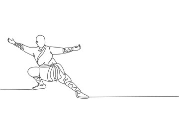 Poster - One continuous line drawing of young shaolin monk man practice kung fu style at temple ground . Traditional Chinese combative sport concept. Dynamic single line draw design vector graphic illustration