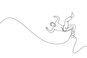 Poster - Single continuous line drawing of young sportive man practice Brazilian capoeira move dance at outdoor street. Culture martial art and sport concept. Trendy one line draw design vector illustration