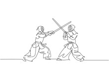 Single Continuous Line Drawing Of Young Sportive Men Practicing Kendo Martial Art Skill On Gym Sport Center. Sparring Partner. Fighting Sport Concept. Trendy One Line Draw Design Vector Illustration