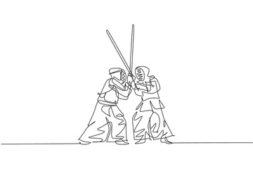 Wall Mural - One single line drawing of two young energetic man exercise sparring fight kendo with wooden sword at gym center vector illustration. Combative fight sport concept. Modern continuous line draw design