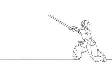 Wall Mural - One single line drawing young energetic man exercise attack kendo skill with wooden sword at gym center graphic vector illustration. Combative fight sport concept. Modern continuous line draw design