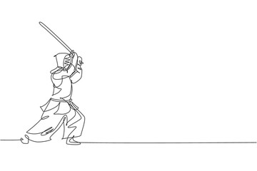 Wall Mural - One single line drawing of young energetic man exercise attack skill on kendo with wooden sword at gym center vector illustration. Combative fight sport concept. Modern continuous line draw design