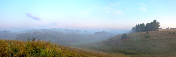 Wall Mural - Tranquil summer  landscape with green hills and trees during foggy morning