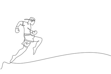 Poster - one continuous line drawing of young sporty muay thai boxer man practicing knee kick and flying kick