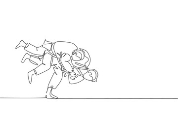 Poster - single continuous line drawing of two young sportive judoka fighter men practice judo skill at dojo 