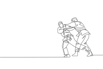 Poster - One single line drawing of two young energetic judokas fighter men battle fighting at gym center vector graphic illustration. Martial art sport competition concept. Modern continuous line draw design