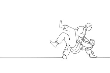 Poster - One continuous line drawing of two young sporty men training judo technique at sport hall. Jiu jitsu battle fight sport competition concept. Dynamic single line draw graphic design vector illustration