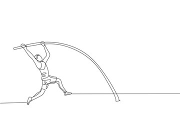 Poster - One continuous line drawing of young sporty man practicing pole vault stance jump in the field. Healthy athletic sport concept. Championship event. Dynamic single line draw design vector illustration