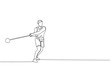 One single line drawing of young energetic man exercise to throw hammer powerfully on field vector graphic illustration. Healthy lifestyle athletic sport concept. Modern continuous line draw design