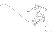 One Continuous Line Drawing Of Young Sporty Man Soccer Freestyler Player Practice To Juggle Ball With Heel In The Street. Football Freestyle Sport Concept. Single Line Draw Design Vector Illustration
