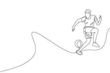 Poster - One single line drawing of young man perform soccer freestyle, jump juggling ball with heel at city square vector illustration. Football freestyler sport concept. Modern continuous line draw design