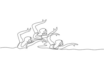 Poster - one single line drawing of young beauty women swimmer performing synchronized routine of elaborate m